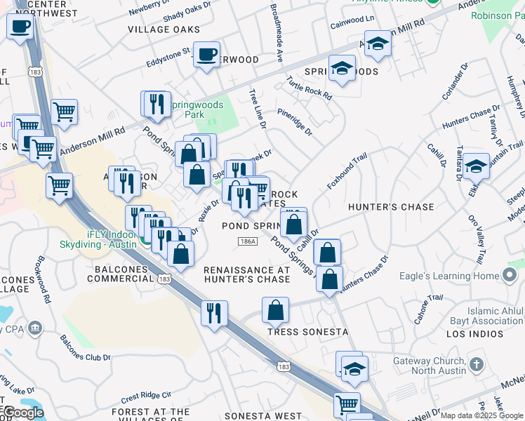 map of restaurants, bars, coffee shops, grocery stores, and more near 12300 Abney Drive in Austin