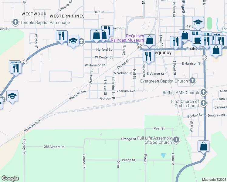 map of restaurants, bars, coffee shops, grocery stores, and more near 399 Yoakum Ave in DeQuincy