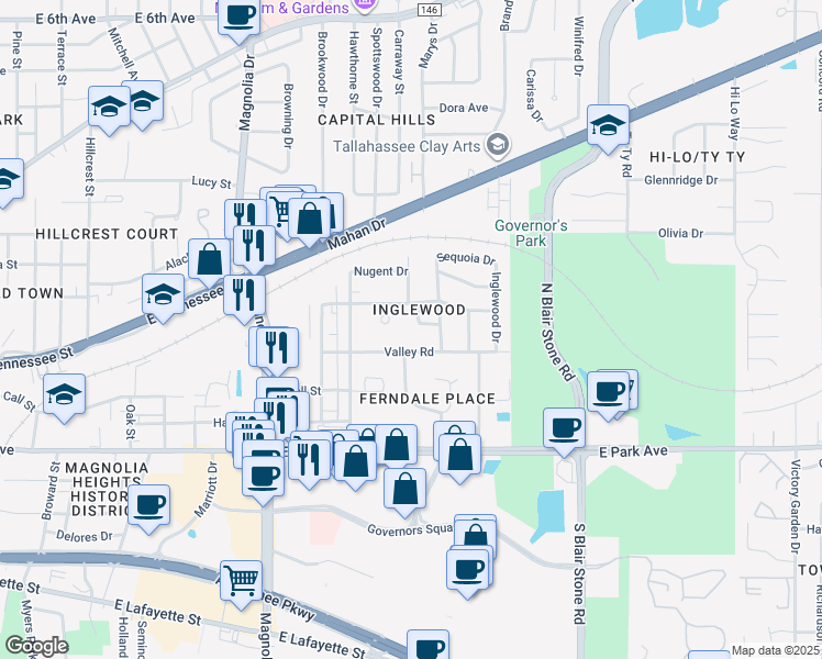 map of restaurants, bars, coffee shops, grocery stores, and more near 1518 Valley Road in Tallahassee