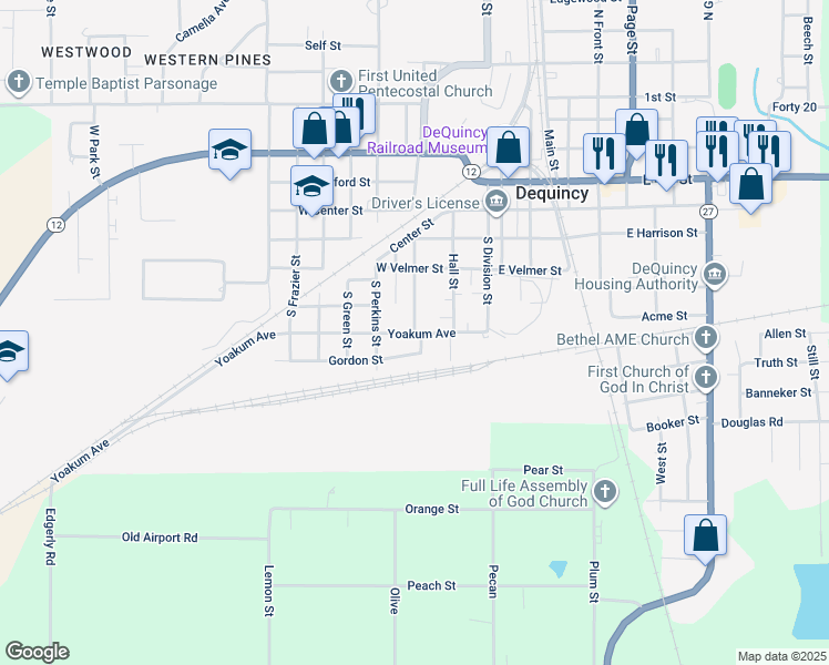 map of restaurants, bars, coffee shops, grocery stores, and more near 398 Coffee St in DeQuincy