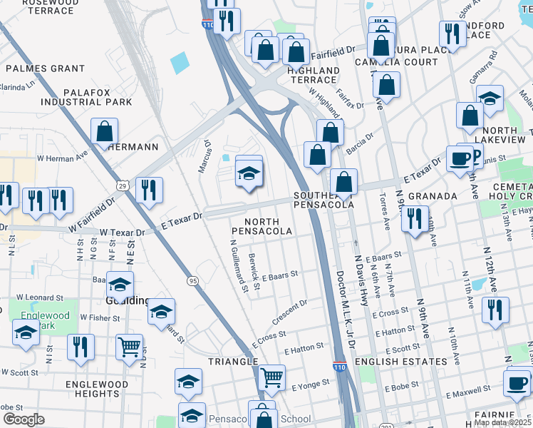 map of restaurants, bars, coffee shops, grocery stores, and more near 3208 North Miller Street in Pensacola