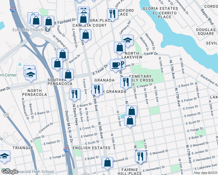 map of restaurants, bars, coffee shops, grocery stores, and more near 1066 East Anderson Street in Pensacola