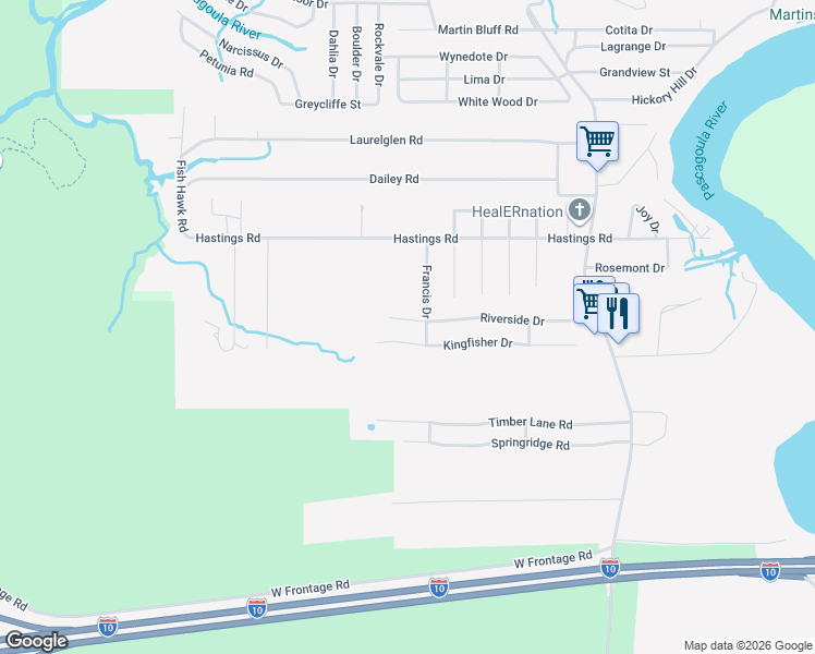map of restaurants, bars, coffee shops, grocery stores, and more near 1816 Kingfisher Drive in Gautier