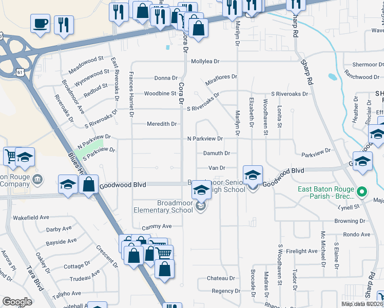 map of restaurants, bars, coffee shops, grocery stores, and more near 925 North Parkview Place in Baton Rouge