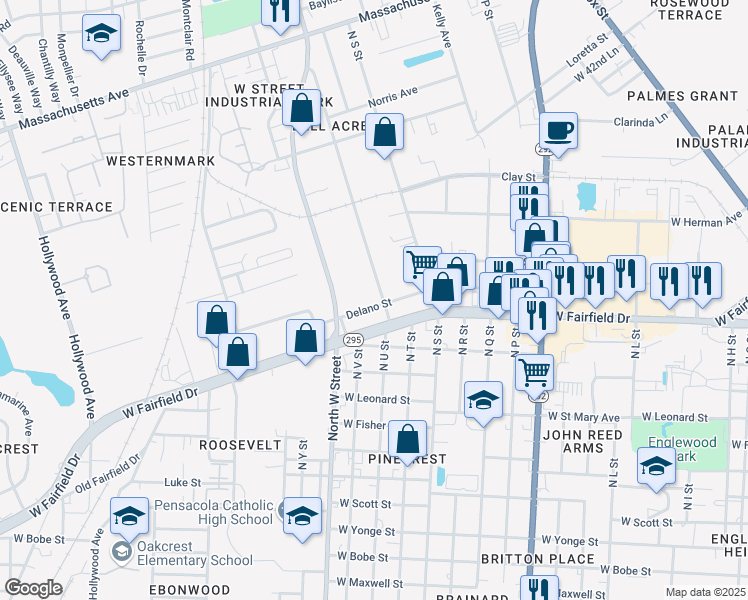 map of restaurants, bars, coffee shops, grocery stores, and more near 2616 Delano Street in Pensacola