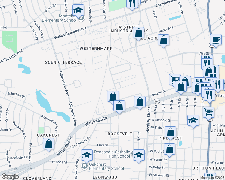 map of restaurants, bars, coffee shops, grocery stores, and more near 3233 Market Street in Pensacola