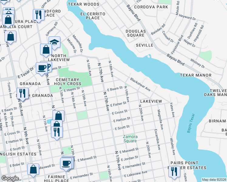 map of restaurants, bars, coffee shops, grocery stores, and more near 2900 North 18th Avenue in Pensacola