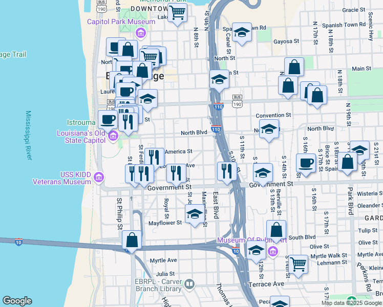 map of restaurants, bars, coffee shops, grocery stores, and more near 810 America Street in Baton Rouge