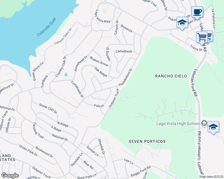map of restaurants, bars, coffee shops, grocery stores, and more near 20603 Falcon in Lago Vista