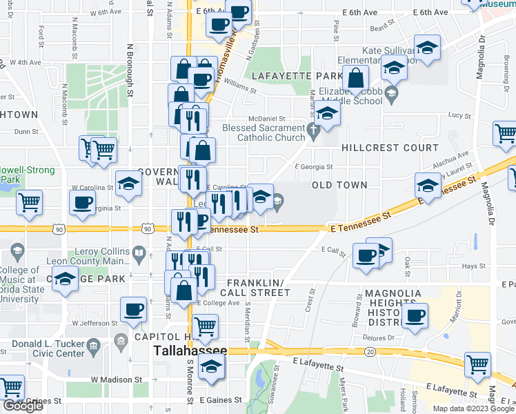 map of restaurants, bars, coffee shops, grocery stores, and more near 329 N Meridian St in Tallahassee
