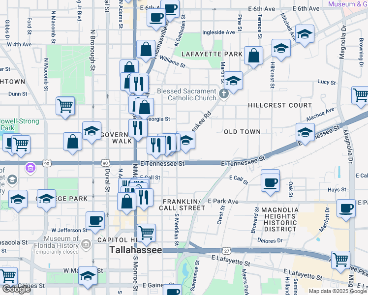 map of restaurants, bars, coffee shops, grocery stores, and more near 329 North Meridian Street in Tallahassee