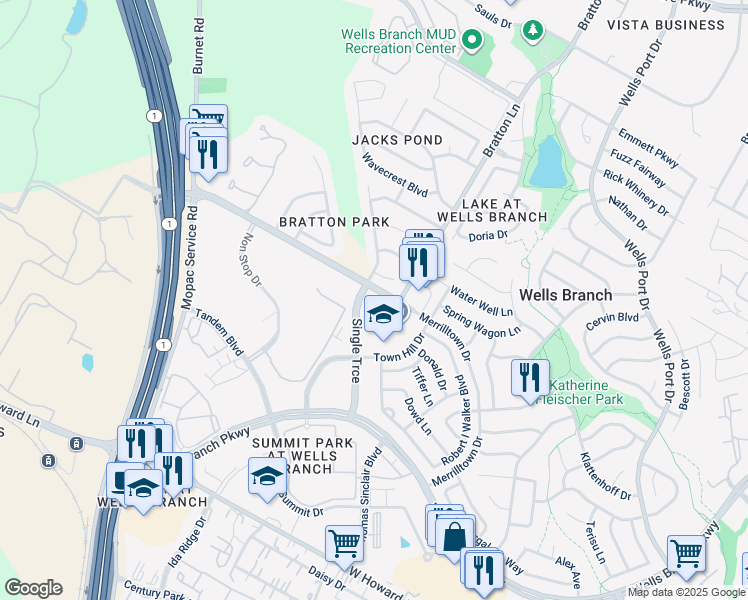 map of restaurants, bars, coffee shops, grocery stores, and more near 14666 Merrilltown Drive in Austin