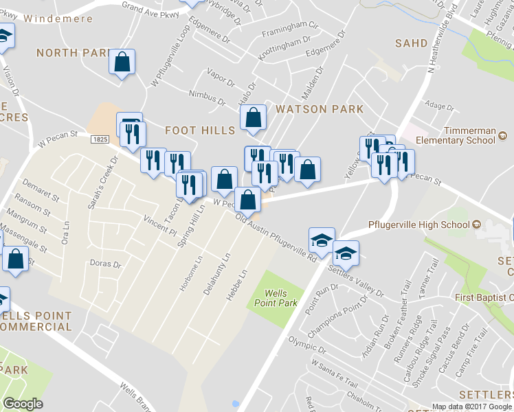 map of restaurants, bars, coffee shops, grocery stores, and more near 1553 Farm to Market Road 1825 in Pflugerville
