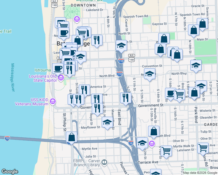 map of restaurants, bars, coffee shops, grocery stores, and more near 235 Grandpre Street in Baton Rouge