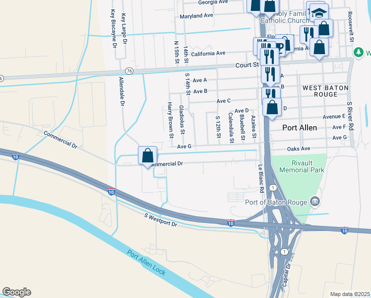 map of restaurants, bars, coffee shops, grocery stores, and more near 1419 Avenue G in Port Allen