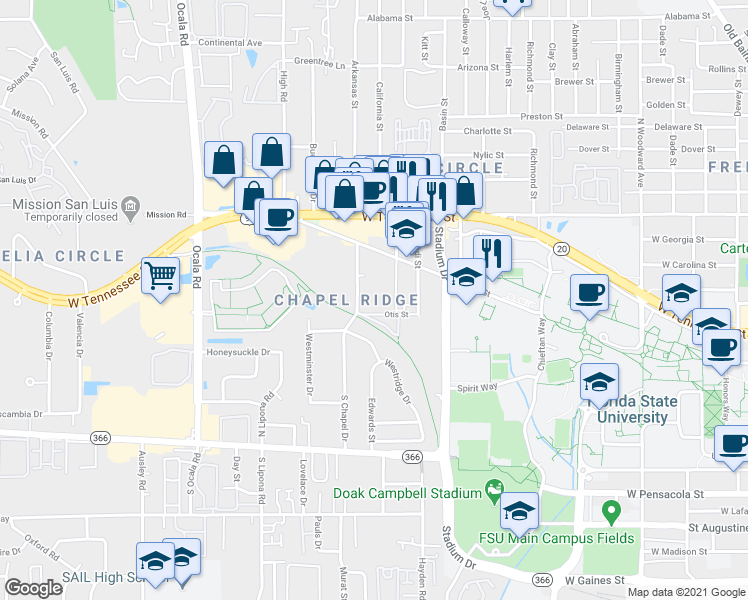 map of restaurants, bars, coffee shops, grocery stores, and more near 411 Chapel Drive in Tallahassee