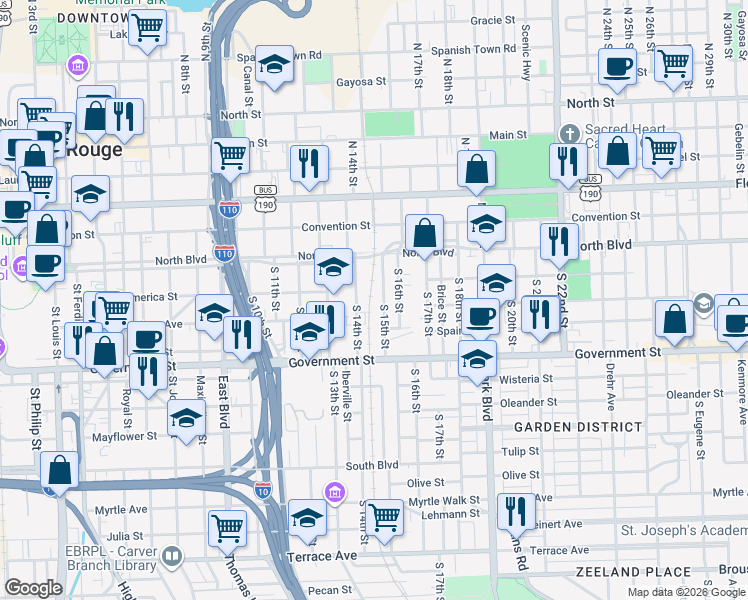 map of restaurants, bars, coffee shops, grocery stores, and more near 235 South 14th Street in Baton Rouge