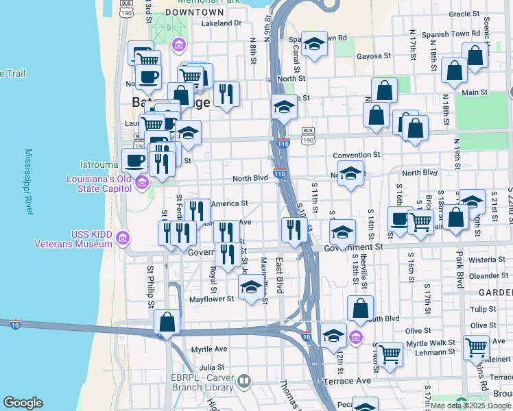map of restaurants, bars, coffee shops, grocery stores, and more near 235 Grandpre Street in Baton Rouge