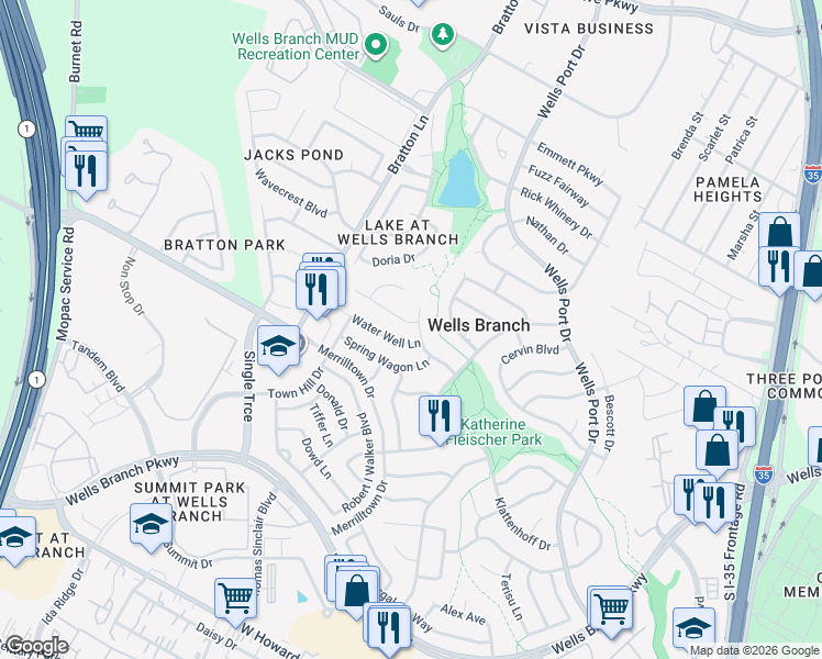 map of restaurants, bars, coffee shops, grocery stores, and more near 14801 Great Willow Drive in Austin