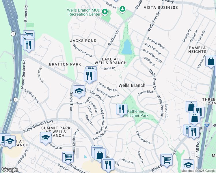 map of restaurants, bars, coffee shops, grocery stores, and more near 2405 Water Well Lane in Austin