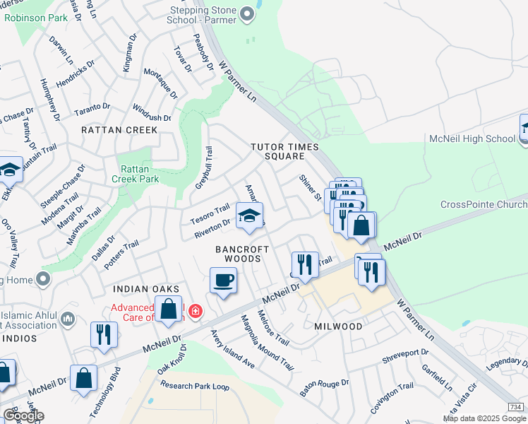 map of restaurants, bars, coffee shops, grocery stores, and more near 13117 Amarillo Avenue in Austin