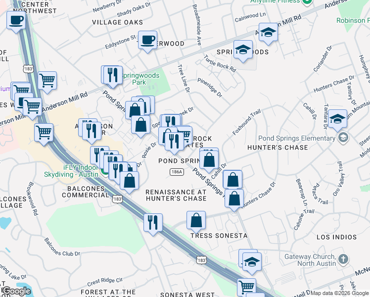 map of restaurants, bars, coffee shops, grocery stores, and more near 12300 Abney Drive in Austin