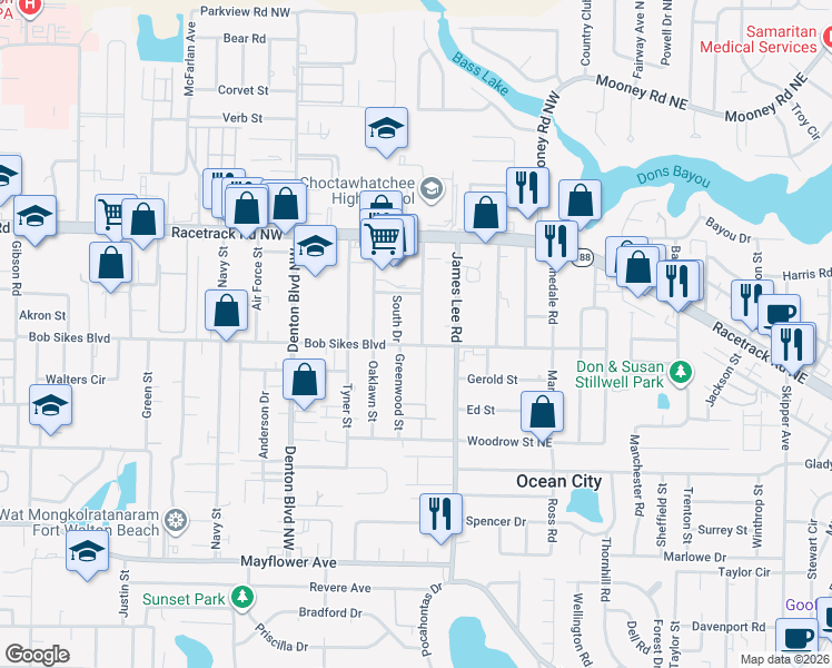 map of restaurants, bars, coffee shops, grocery stores, and more near 615 Bob Sikes Boulevard in Fort Walton Beach