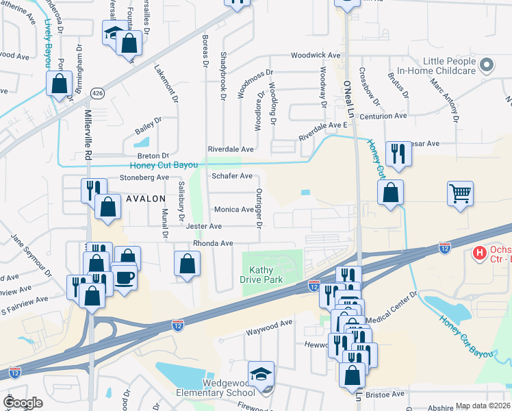 map of restaurants, bars, coffee shops, grocery stores, and more near 15446 Monica Avenue in Baton Rouge