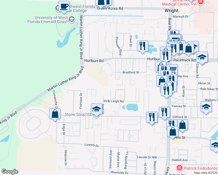 map of restaurants, bars, coffee shops, grocery stores, and more near 922 Lawton Court in Fort Walton Beach