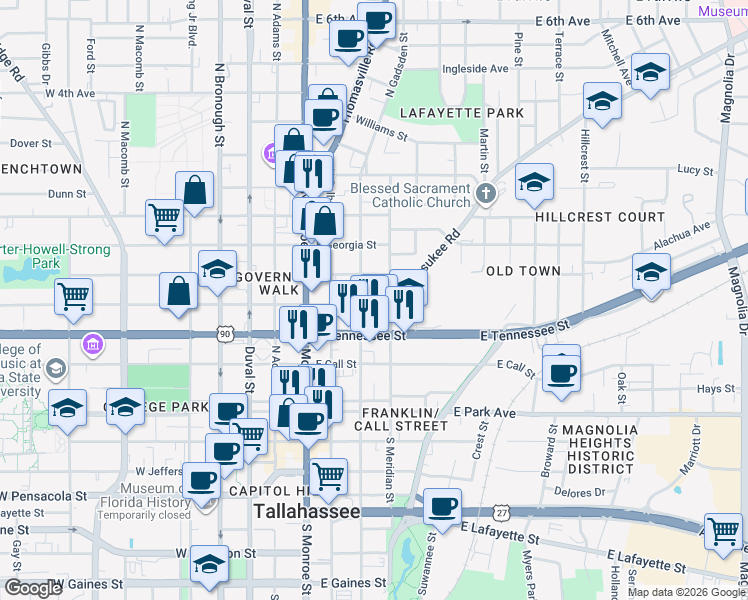 map of restaurants, bars, coffee shops, grocery stores, and more near 410 East Virginia Street in Tallahassee