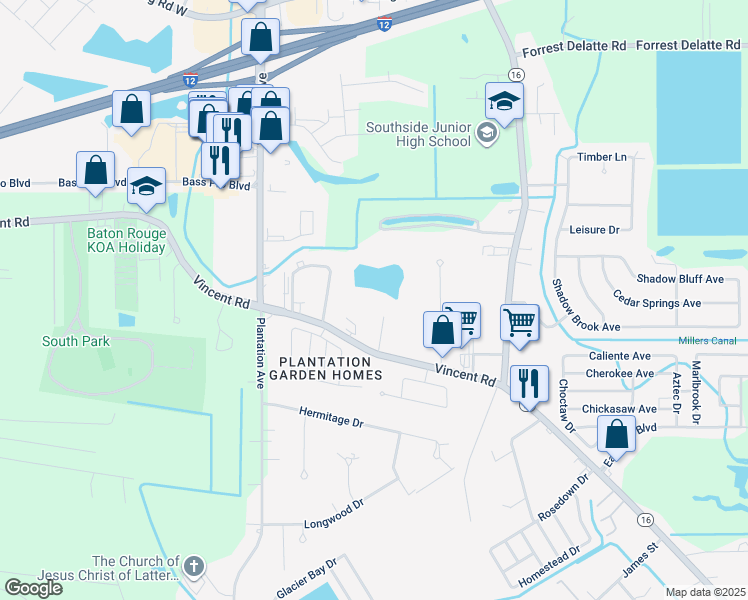 map of restaurants, bars, coffee shops, grocery stores, and more near 8275 Vincent Road in Denham Springs