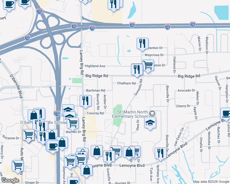 map of restaurants, bars, coffee shops, grocery stores, and more near 3131 Bachman Rd in D'Iberville