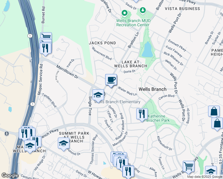 map of restaurants, bars, coffee shops, grocery stores, and more near 14735 Bratton Lane in Austin