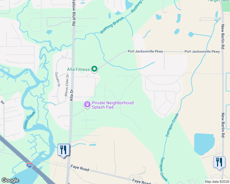 map of restaurants, bars, coffee shops, grocery stores, and more near 11619 Lake Chub Drive in Jacksonville