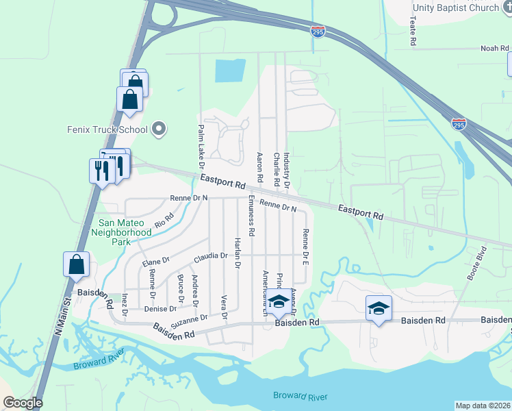 map of restaurants, bars, coffee shops, grocery stores, and more near 11524 Emuness Road in Jacksonville