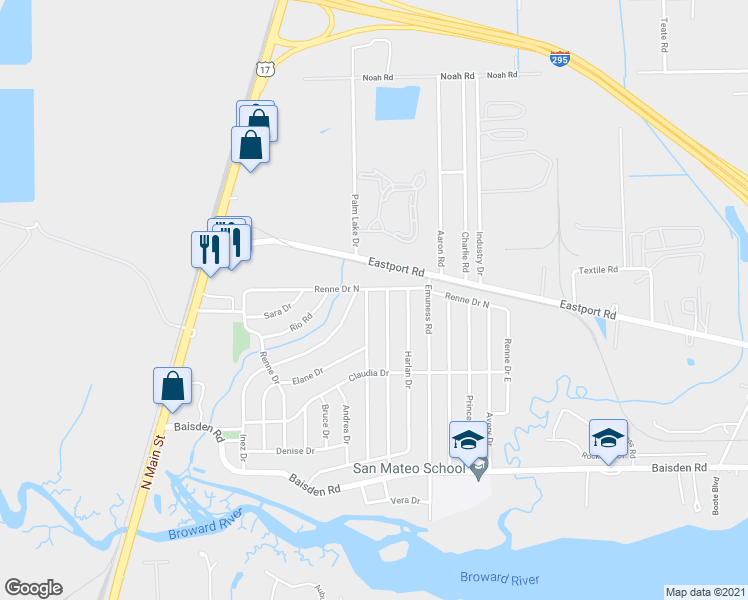 map of restaurants, bars, coffee shops, grocery stores, and more near 11515 Vera Drive in Jacksonville