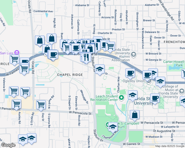 map of restaurants, bars, coffee shops, grocery stores, and more near 319 Conradi Street in Tallahassee