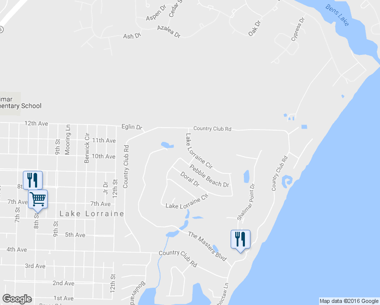 map of restaurants, bars, coffee shops, grocery stores, and more near 12 Lake Lorraine Circle in Shalimar
