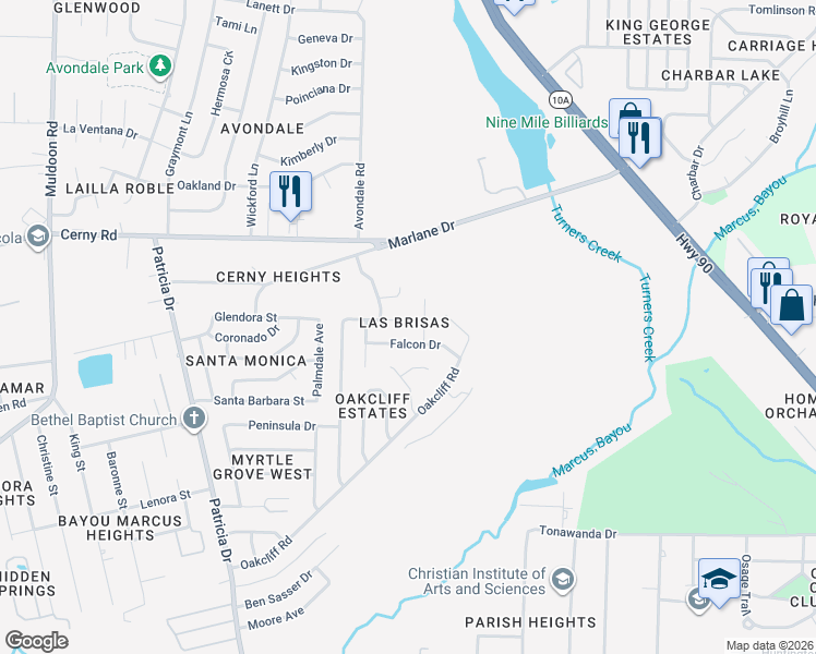 map of restaurants, bars, coffee shops, grocery stores, and more near 6901 Falcon Lane in Bellview