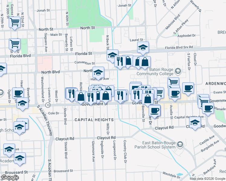map of restaurants, bars, coffee shops, grocery stores, and more near 379 Wiltz Drive in Baton Rouge