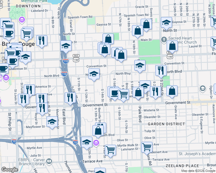 map of restaurants, bars, coffee shops, grocery stores, and more near 235 South 14th Street in Baton Rouge