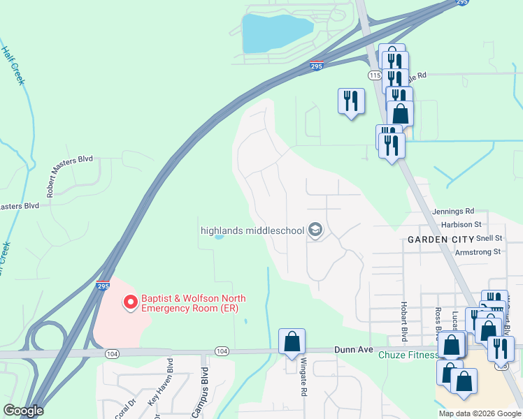 map of restaurants, bars, coffee shops, grocery stores, and more near 11622 Pleasant Creek Drive in Jacksonville