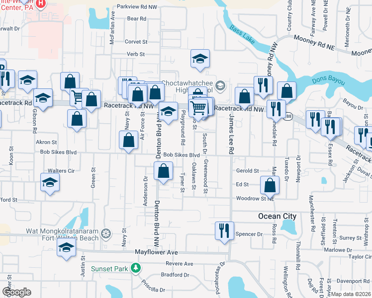 map of restaurants, bars, coffee shops, grocery stores, and more near 716 Tyner Street in Fort Walton Beach