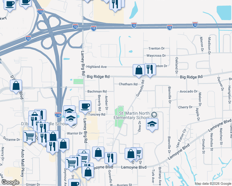map of restaurants, bars, coffee shops, grocery stores, and more near 3131 Bachman Road in D'Iberville