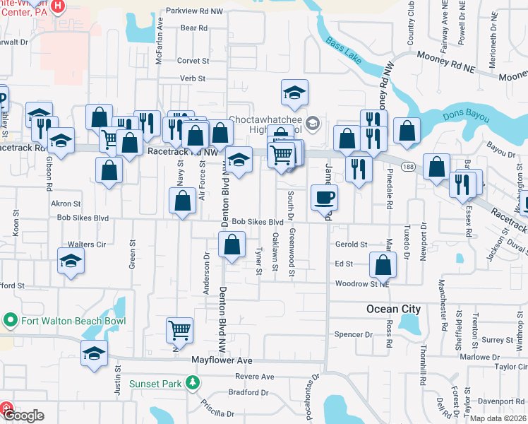 map of restaurants, bars, coffee shops, grocery stores, and more near 716 Tyner Street in Fort Walton Beach