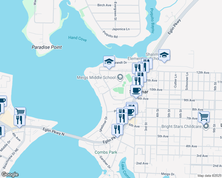 map of restaurants, bars, coffee shops, grocery stores, and more near Shalimar Dr & Erwin Fleet Rd in Shalimar