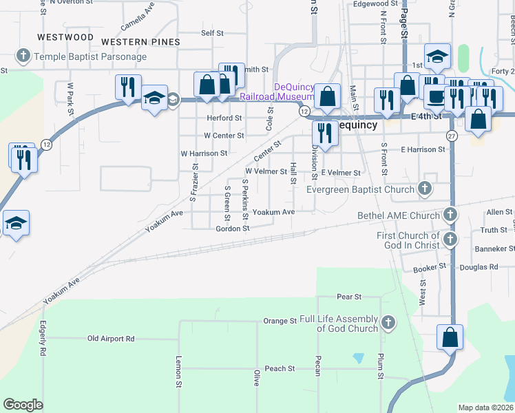 map of restaurants, bars, coffee shops, grocery stores, and more near 301-399 Yoakum Avenue in DeQuincy