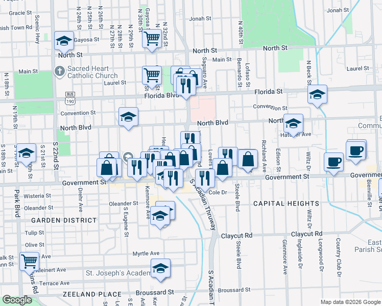 map of restaurants, bars, coffee shops, grocery stores, and more near 350 South Acadian Thruway in Baton Rouge