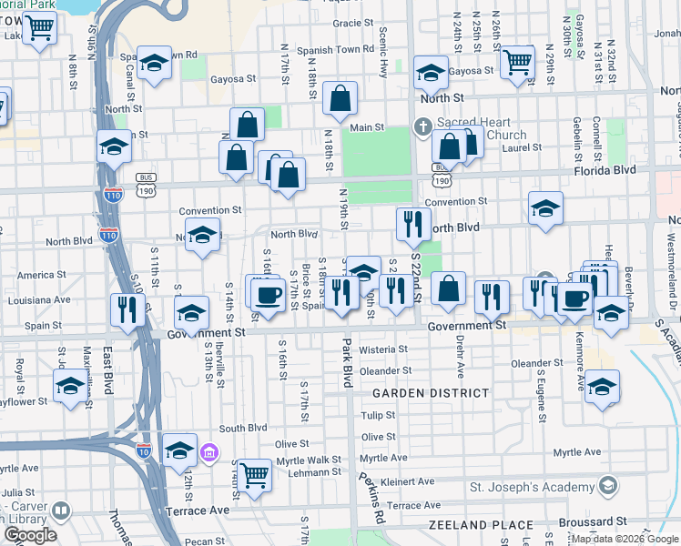 map of restaurants, bars, coffee shops, grocery stores, and more near 303 South 18th Street in Baton Rouge