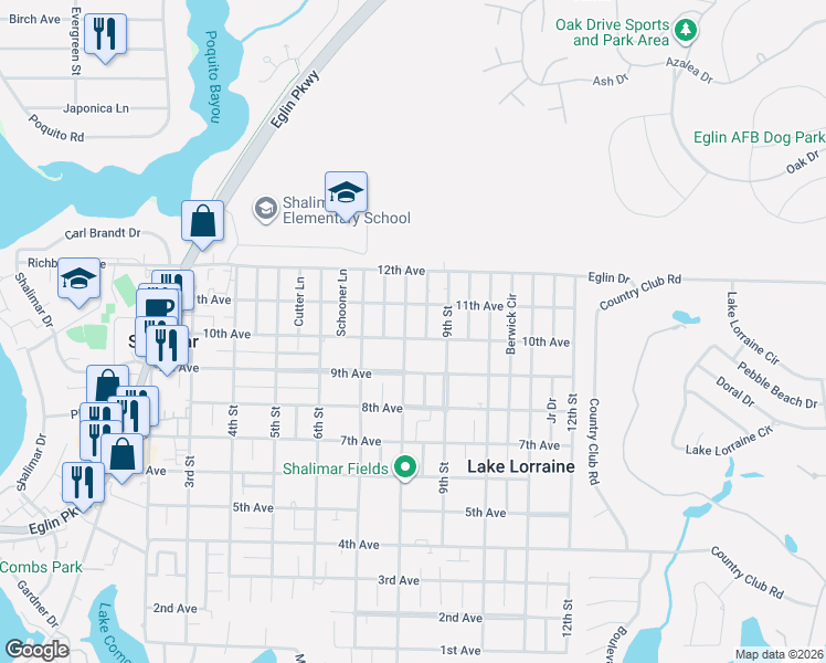 map of restaurants, bars, coffee shops, grocery stores, and more near 72 8th Street in Shalimar